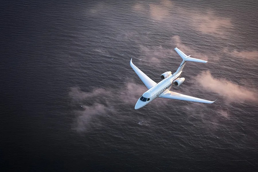 Private jet in flight seen from above