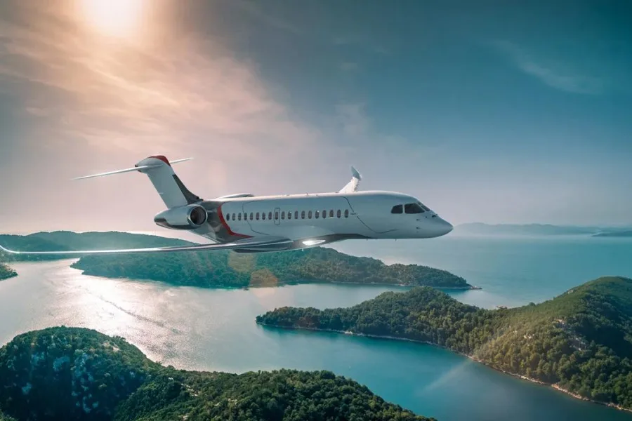 Private jet in flight over a lake and forested islands