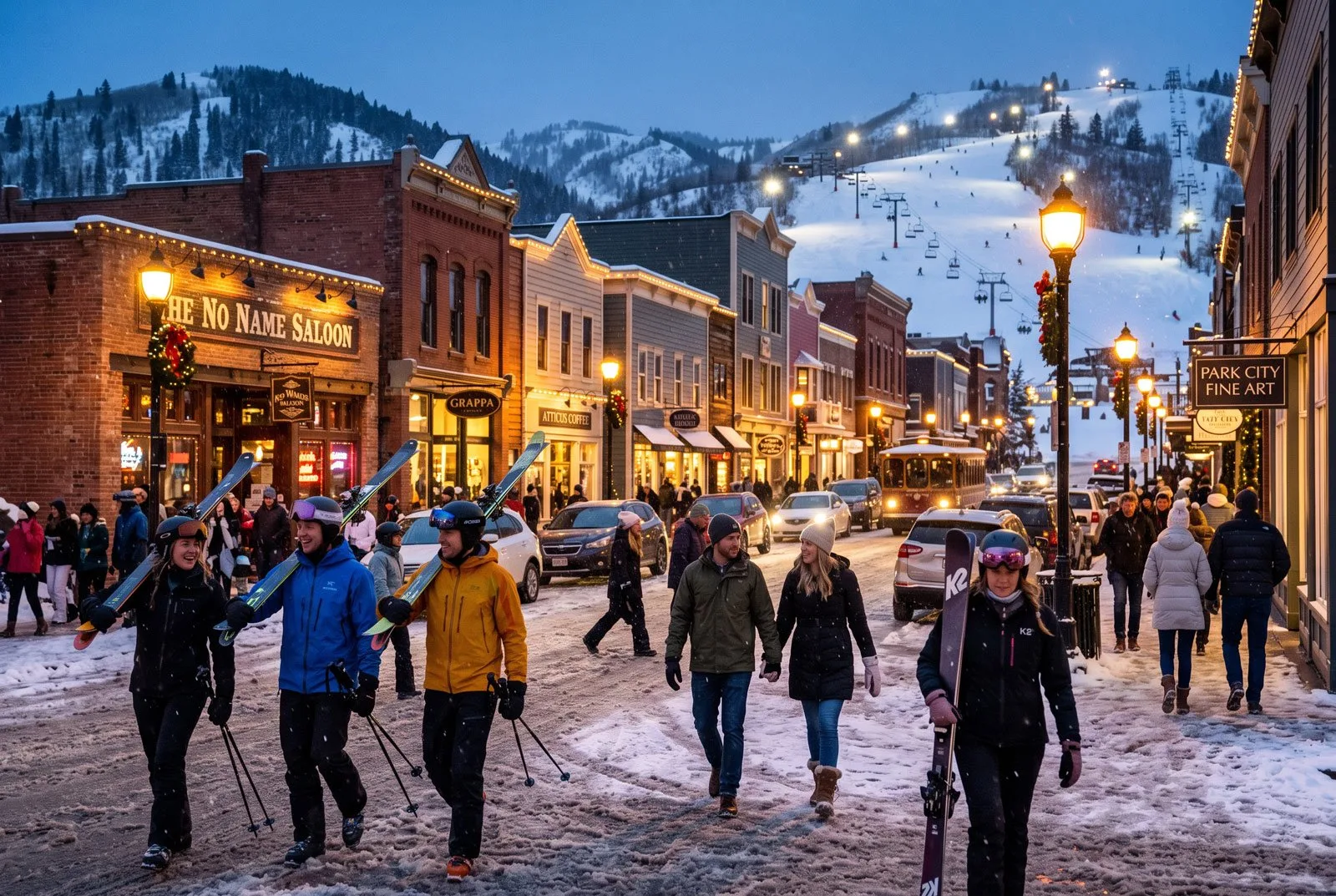 Park City main street at dusk with the ski runs lit behind it