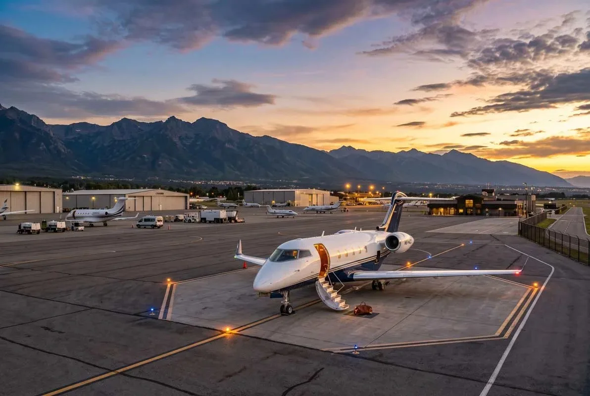 Business jet on the ramp at a mountain airport with the airstair down