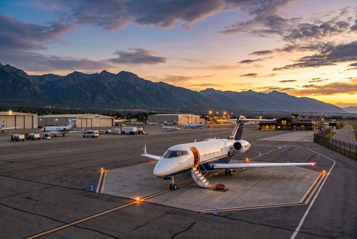 Private jet on the ramp at a mountain airport at sunset