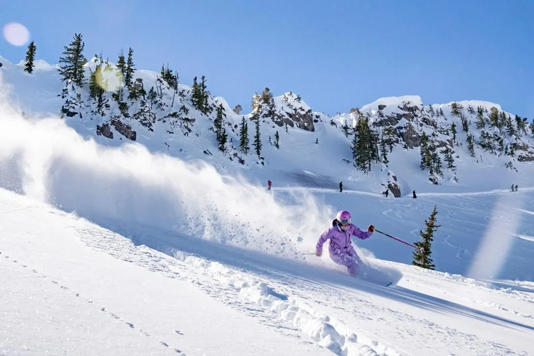 Skier carving fresh powder below a mountain ridge