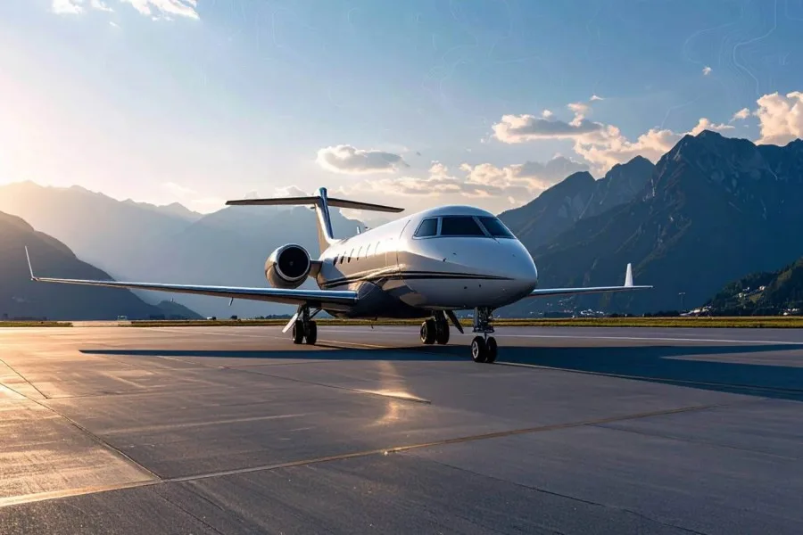 Business jet on the ramp at a mountain airport at sunrise