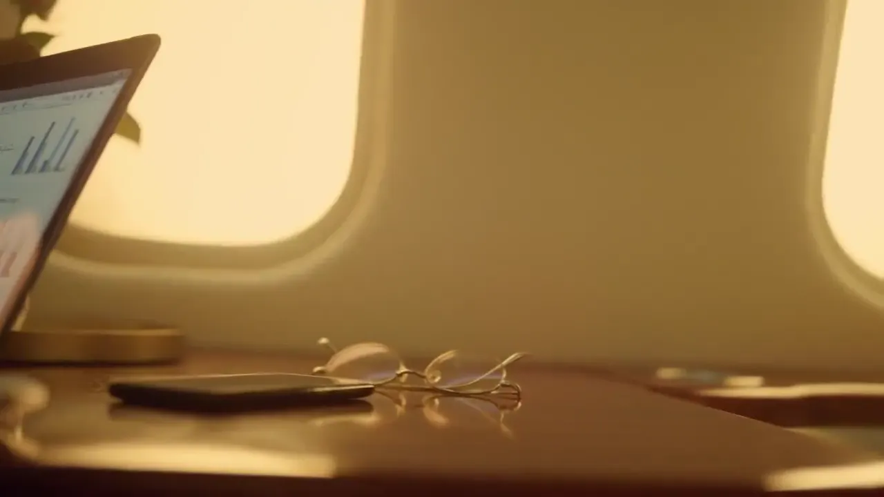 Laptop and glasses on a private jet table