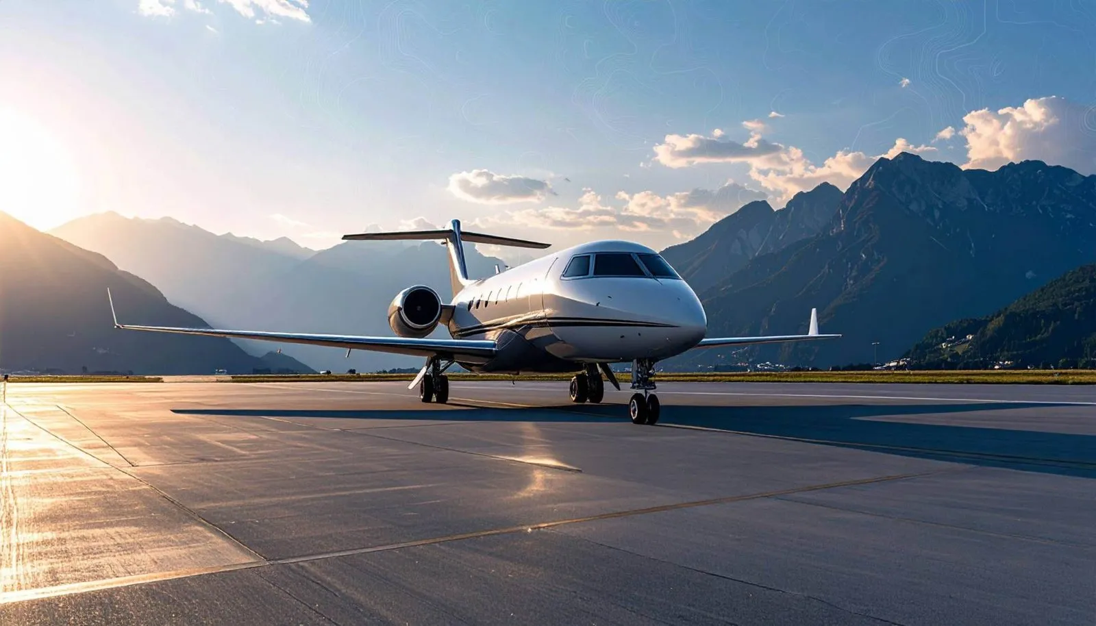 A Phenom 300 private jet on the ramp with mountains behind it at golden hour